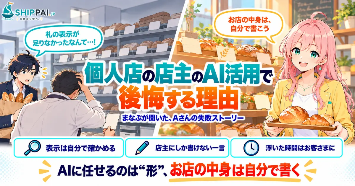 個人店の店主のAI活用で後悔する理由を紹介するSHIPPAI.JPの記事アイキャッチ。まなぶとみらいのイラスト付き