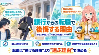 銀行からの転職で後悔する理由を紹介するSHIPPAI.JPの記事アイキャッチ。まなぶとみらいのイラスト付き