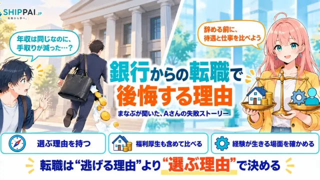 銀行からの転職で後悔する理由を紹介するSHIPPAI.JPの記事アイキャッチ。まなぶとみらいのイラスト付き