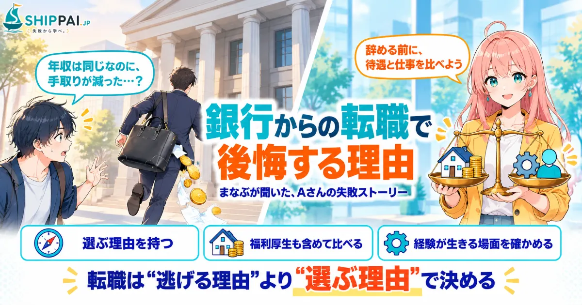 銀行からの転職で後悔する理由を紹介するSHIPPAI.JPの記事アイキャッチ。まなぶとみらいのイラスト付き