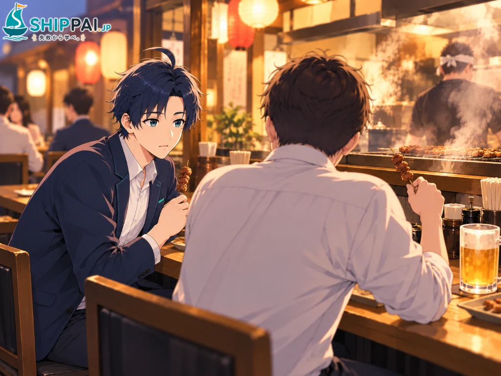 金曜日の夜、駅前の焼き鳥屋のカウンターで、銀行からメーカーへ転職した大学時代のアルバイト先の先輩Aさんの話を聞くまなぶのイラスト