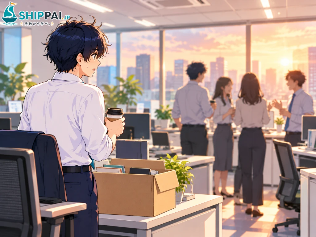 退職を伝えたあとの職場で、談笑する同僚たちの輪に入れず、紙コップを手に気まずそうに立つまなぶのイラスト