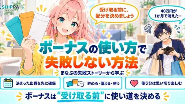 ボーナスの使い方で失敗しない方法を紹介するSHIPPAI.JPの記事アイキャッチ。まなぶとみらいのイラスト付き