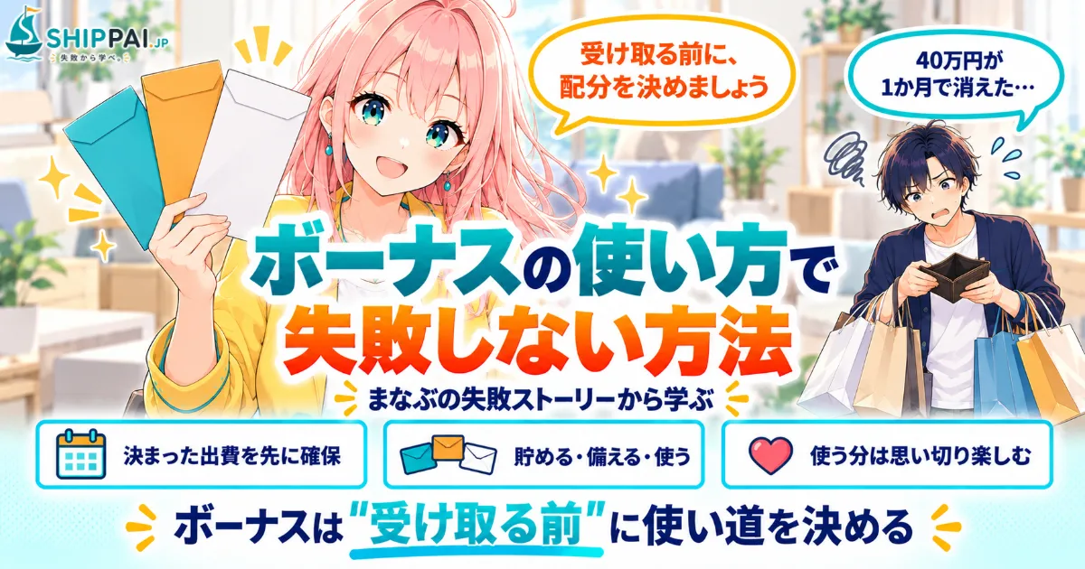 ボーナスの使い方で失敗しない方法を紹介するSHIPPAI.JPの記事アイキャッチ。まなぶとみらいのイラスト付き