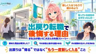 出戻り転職で後悔する理由を紹介するSHIPPAI.JPの記事アイキャッチ。まなぶとみらいのイラスト付き