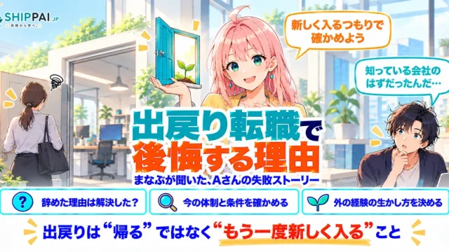 出戻り転職で後悔する理由を紹介するSHIPPAI.JPの記事アイキャッチ。まなぶとみらいのイラスト付き