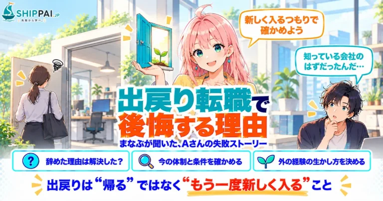 出戻り転職で後悔する理由を紹介するSHIPPAI.JPの記事アイキャッチ。まなぶとみらいのイラスト付き