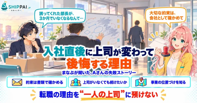 入社直後に上司が変わって後悔する理由を紹介するSHIPPAI.JPの記事アイキャッチ。まなぶとみらいのイラスト付き