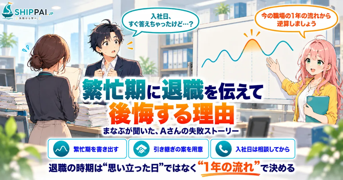 繁忙期に退職を伝えて後悔する理由を紹介するSHIPPAI.JPの記事アイキャッチ。まなぶとみらいのイラスト付き