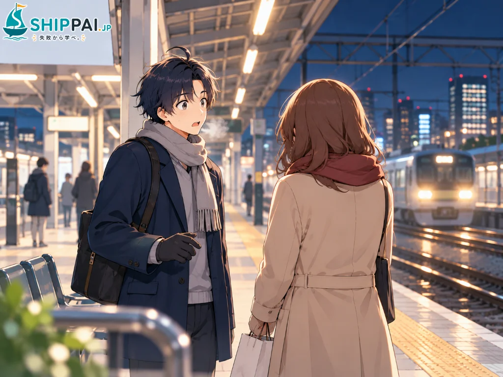 冬の夜の駅のホームで、妹の友人Aさんから繁忙期に退職を伝えた失敗談を聞いて驚くまなぶのイラスト
