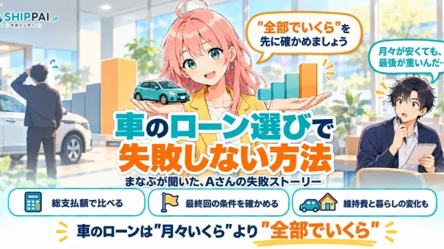 車のローン選びで失敗しない方法を紹介するSHIPPAI.JPの記事アイキャッチ。まなぶとみらいのイラスト付き