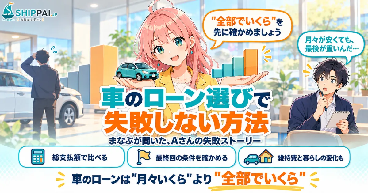 車のローン選びで失敗しない方法を紹介するSHIPPAI.JPの記事アイキャッチ。まなぶとみらいのイラスト付き