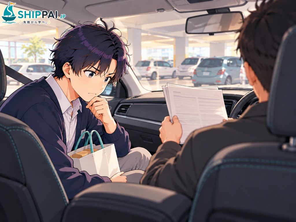ショッピングモールの駐車場に止めた車の中で、車のローンの最終回の支払いに苦労した会社の先輩Aさんの話を、明細を見ながら聞くまなぶのイラスト