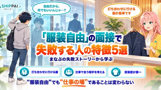 「服装自由」の面接で失敗する人の特徴5選を紹介するSHIPPAI.JPの記事アイキャッチ。まなぶとみらいのイラスト付き