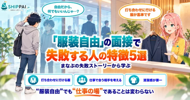 「服装自由」の面接で失敗する人の特徴5選を紹介するSHIPPAI.JPの記事アイキャッチ。まなぶとみらいのイラスト付き