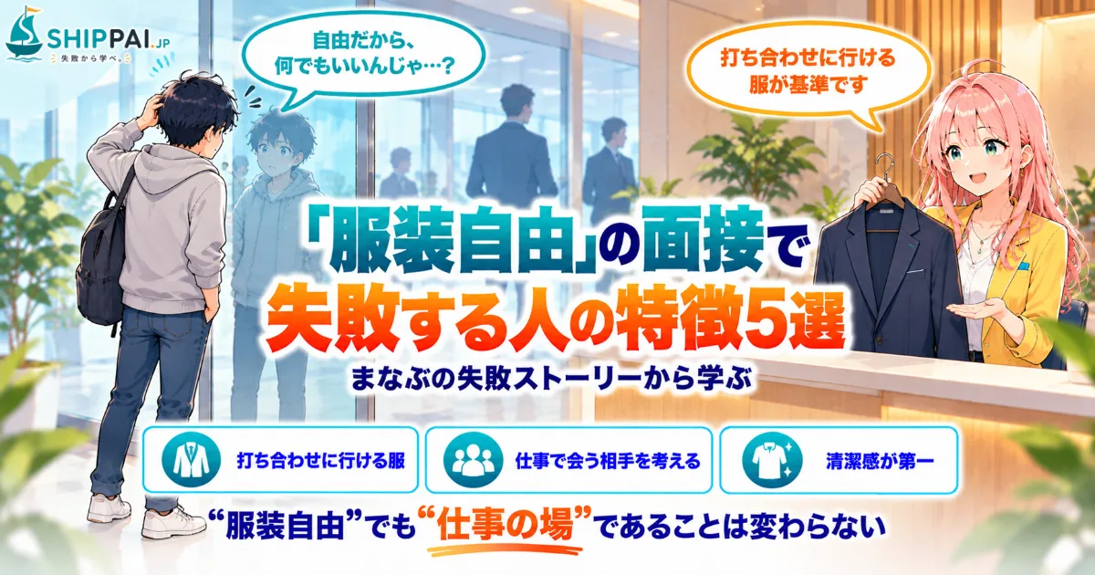 「服装自由」の面接で失敗する人の特徴5選を紹介するSHIPPAI.JPの記事アイキャッチ。まなぶとみらいのイラスト付き