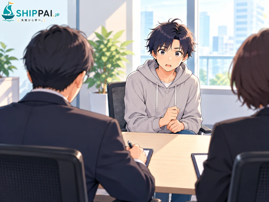 面接で取引先と会うときの服装を聞かれ、パーカーの袖口を握りしめてハッとするまなぶのイラスト