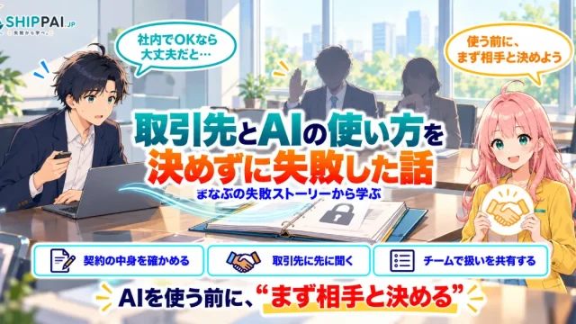 取引先とAIの使い方を決めずに失敗した話を紹介するSHIPPAI.JPの記事アイキャッチ。まなぶとみらいのイラスト付き