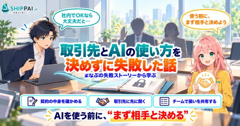 取引先とAIの使い方を決めずに失敗した話を紹介するSHIPPAI.JPの記事アイキャッチ。まなぶとみらいのイラスト付き
