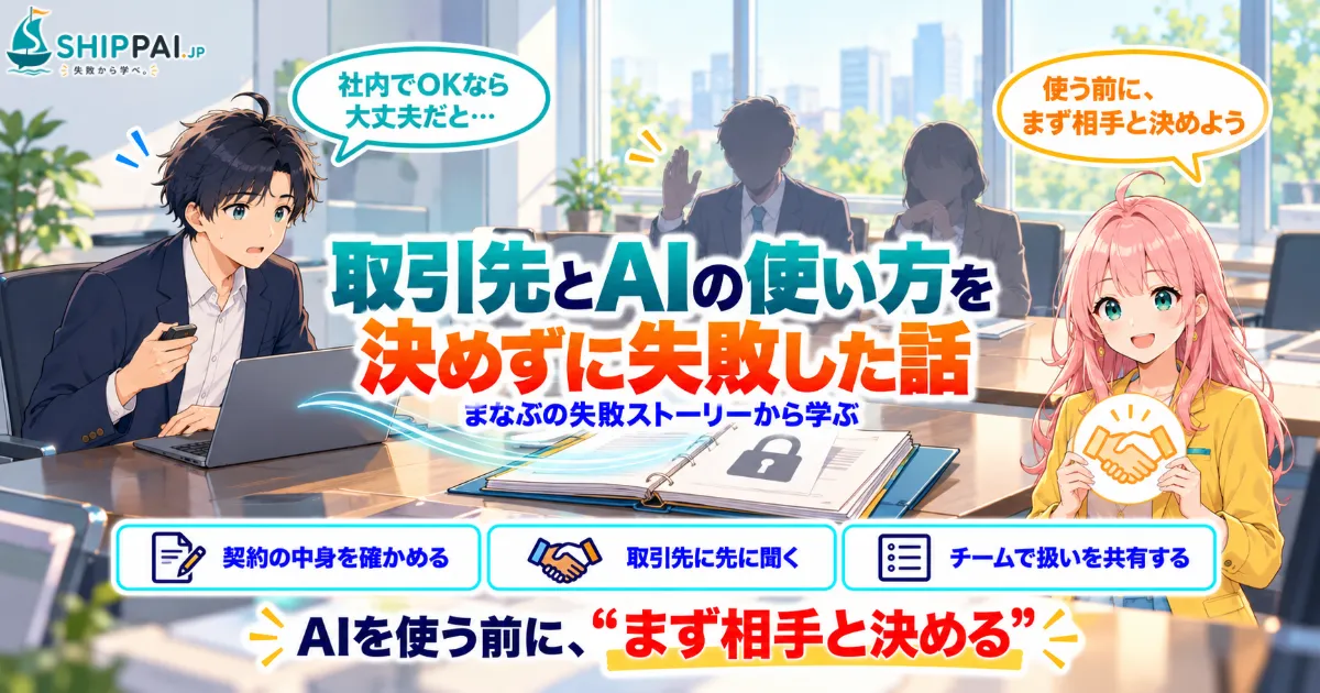 取引先とAIの使い方を決めずに失敗した話を紹介するSHIPPAI.JPの記事アイキャッチ。まなぶとみらいのイラスト付き