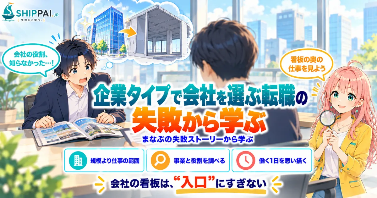 企業タイプで会社を選ぶ転職の失敗から学ぶポイントを紹介するSHIPPAI.JPの記事アイキャッチ。まなぶとみらいのイラスト付き