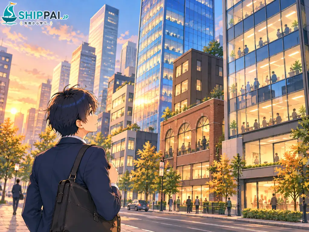 夕方のオフィス街で大小さまざまなビルを見上げ、それぞれの会社の中の仕事を思い描くまなぶのイラスト