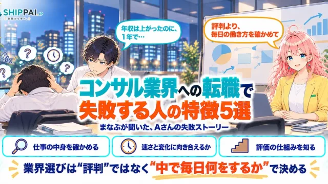 コンサル業界への転職で失敗する人の特徴5選を紹介するSHIPPAI.JPの記事アイキャッチ。まなぶとみらいのイラスト付き