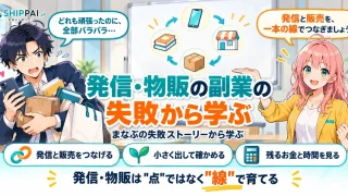発信・物販の副業の失敗から学ぶを紹介するSHIPPAI.JPの記事アイキャッチ。まなぶとみらいのイラスト付き
