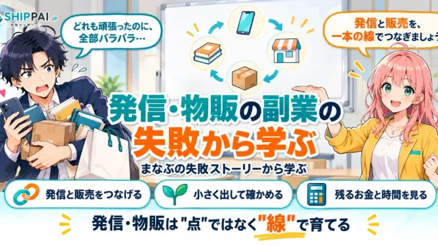 発信・物販の副業の失敗から学ぶを紹介するSHIPPAI.JPの記事アイキャッチ。まなぶとみらいのイラスト付き