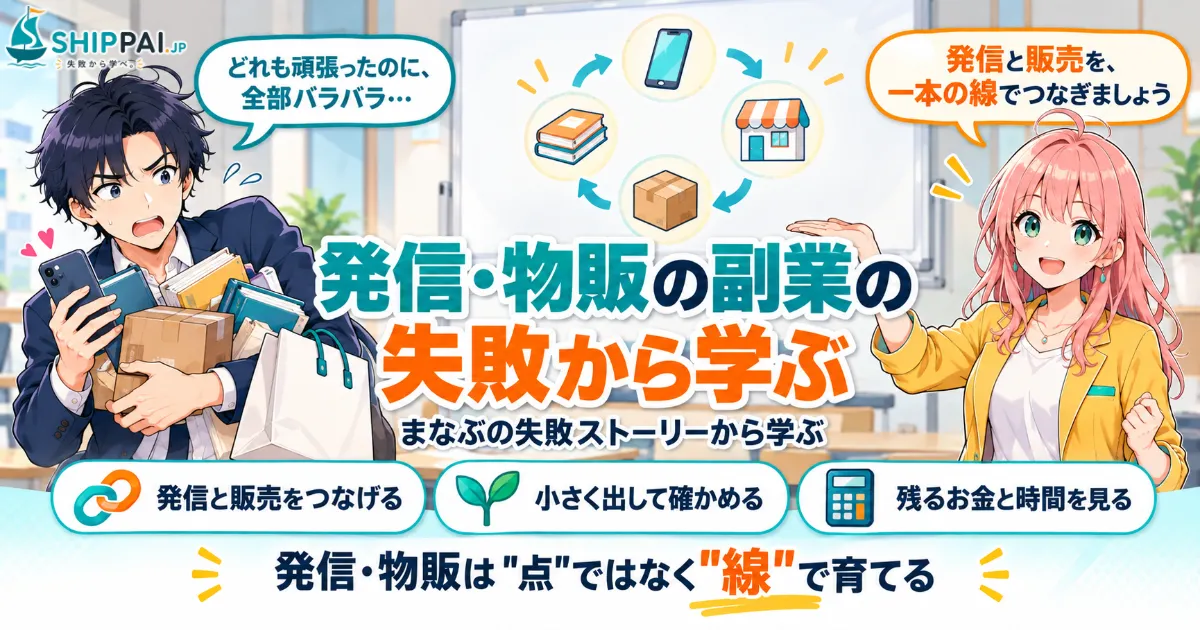 発信・物販の副業の失敗から学ぶを紹介するSHIPPAI.JPの記事アイキャッチ。まなぶとみらいのイラスト付き