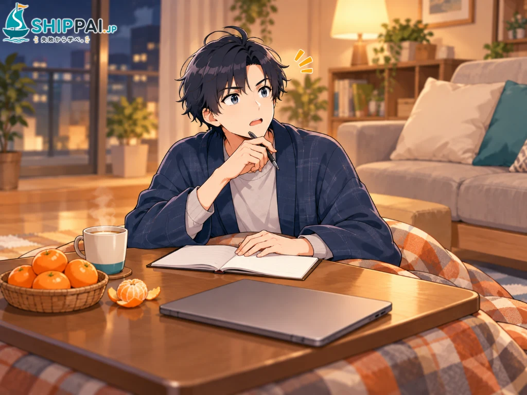 12月の終わりの夜、自宅のこたつでノートに1年分の副業を書き出し、発信と販売がつながっていなかったと気づくまなぶのイラスト