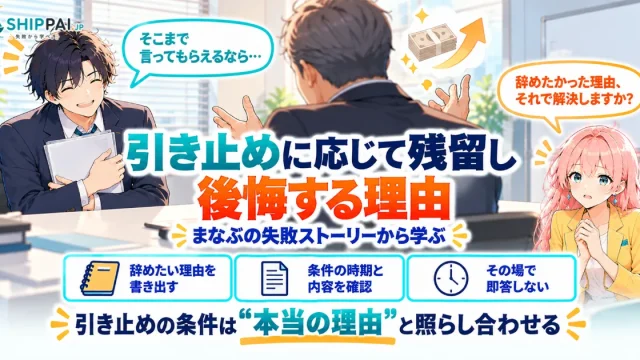引き止めに応じて残留し後悔する理由を紹介するSHIPPAI.JPの記事アイキャッチ。まなぶとみらいのイラスト付き