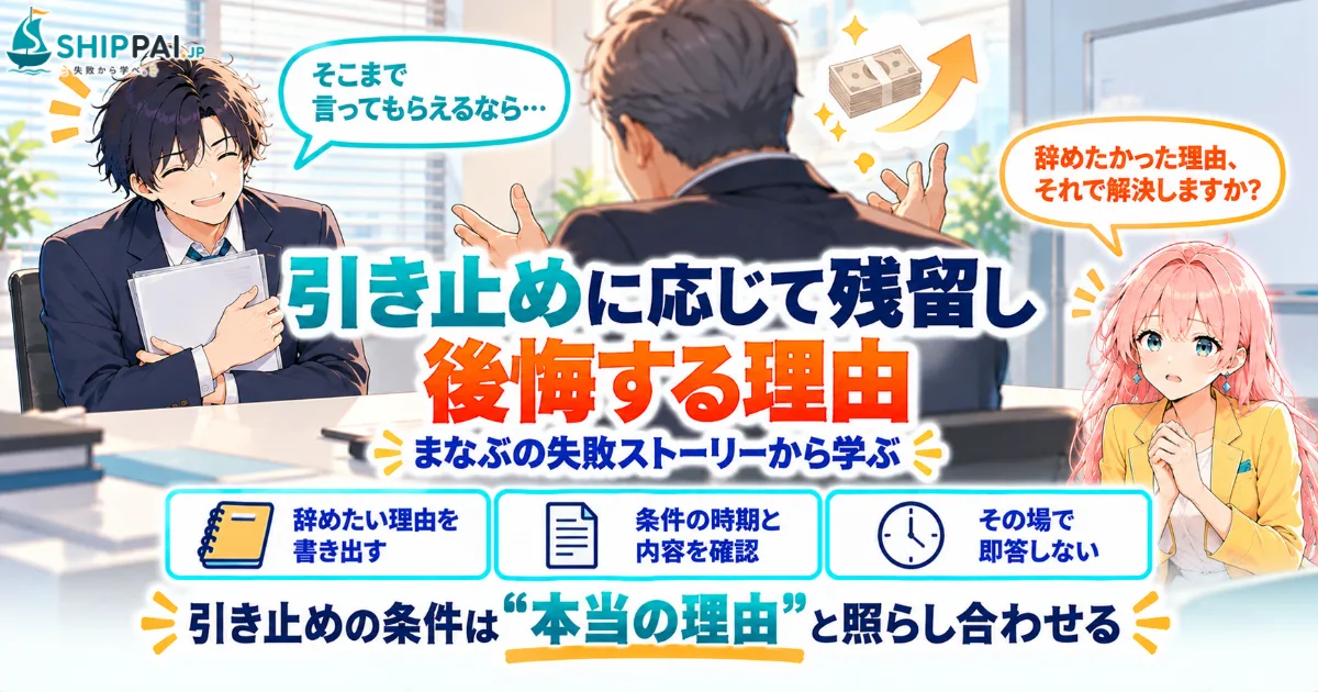 引き止めに応じて残留し後悔する理由を紹介するSHIPPAI.JPの記事アイキャッチ。まなぶとみらいのイラスト付き