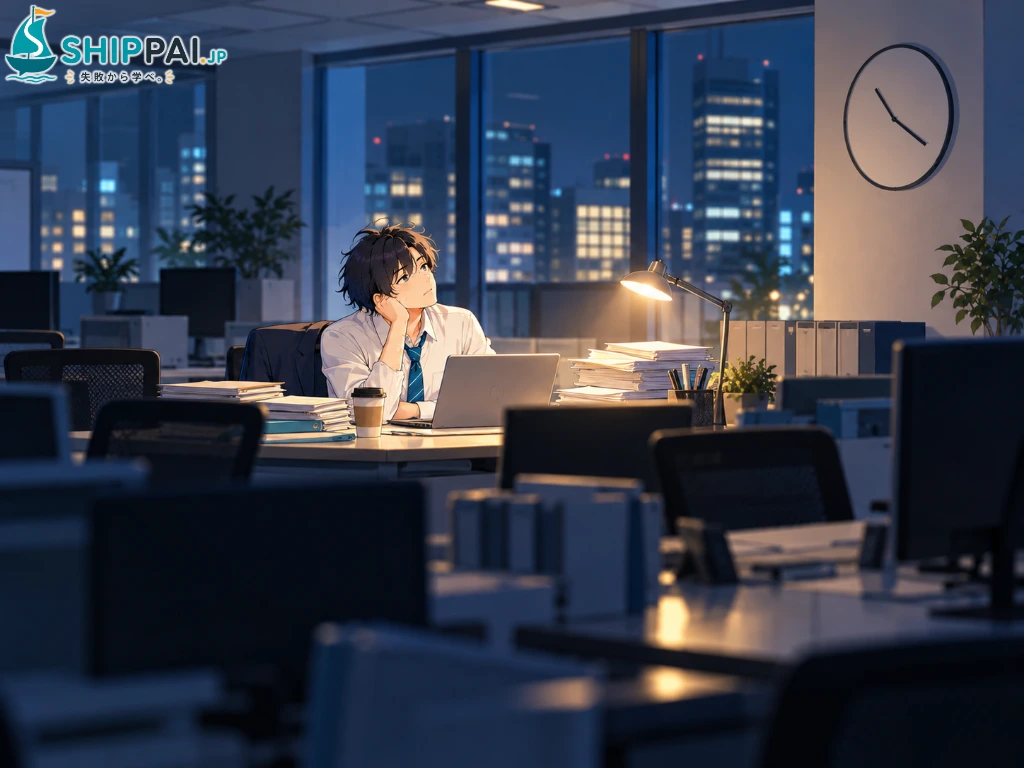 引き止めに応じて残った1年後、誰もいない夜のオフィスで残業しながら壁の時計を見上げるまなぶのイラスト