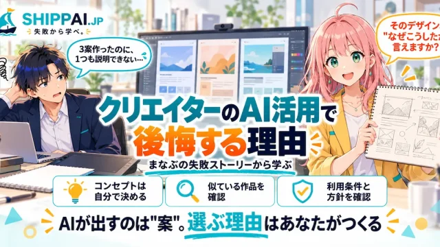 クリエイターのAI活用で後悔する理由を紹介するSHIPPAI.JPの記事アイキャッチ。まなぶとみらいのイラスト付き