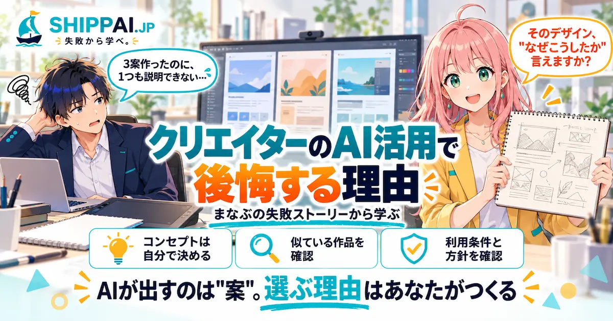 クリエイターのAI活用で後悔する理由を紹介するSHIPPAI.JPの記事アイキャッチ。まなぶとみらいのイラスト付き