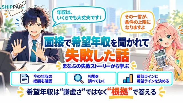 面接で希望年収を聞かれて失敗した話を紹介するSHIPPAI.JPの記事アイキャッチ。まなぶとみらいのイラスト付き