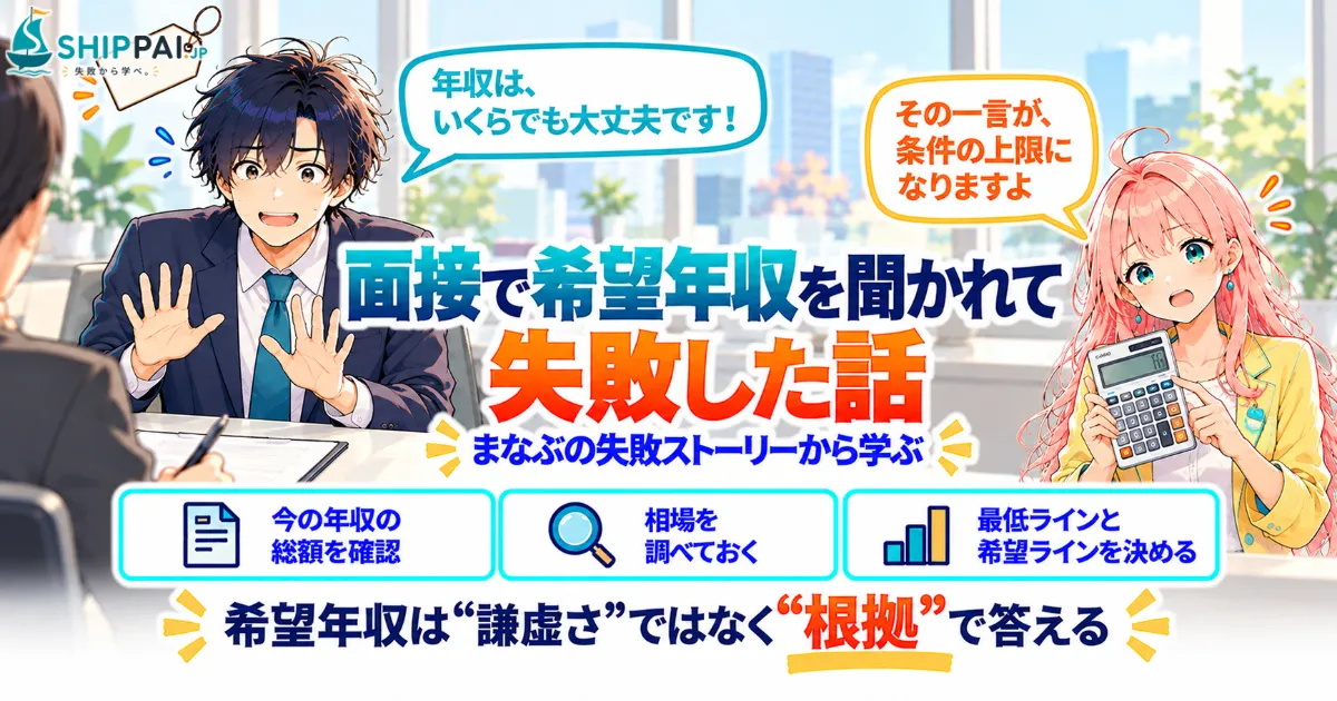 面接で希望年収を聞かれて失敗した話を紹介するSHIPPAI.JPの記事アイキャッチ。まなぶとみらいのイラスト付き