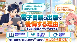 電子書籍の出版で後悔する理由を紹介するSHIPPAI.JPの記事アイキャッチ。まなぶとみらいのイラスト付き