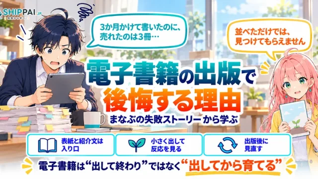 電子書籍の出版で後悔する理由を紹介するSHIPPAI.JPの記事アイキャッチ。まなぶとみらいのイラスト付き