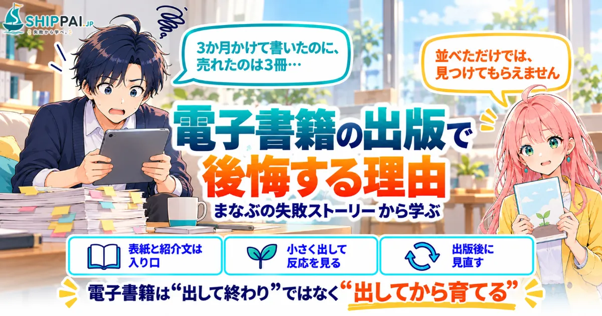 電子書籍の出版で後悔する理由を紹介するSHIPPAI.JPの記事アイキャッチ。まなぶとみらいのイラスト付き