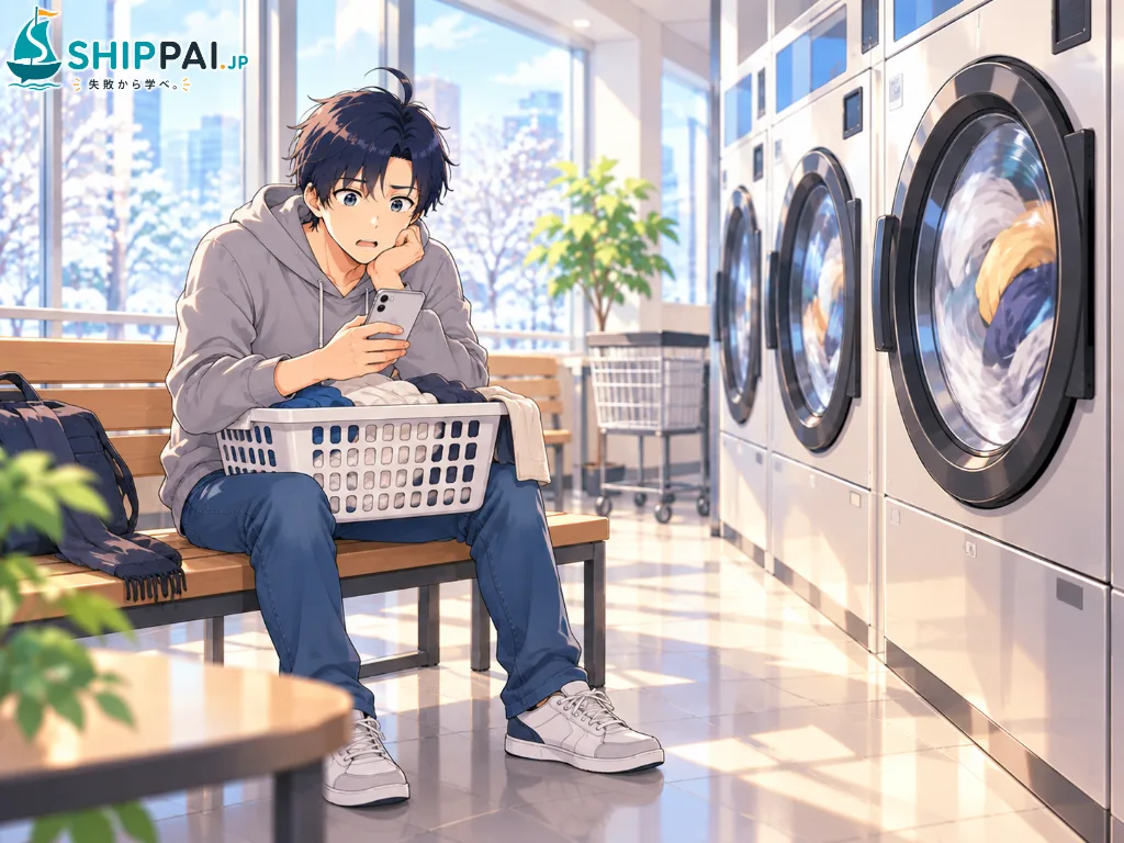 日曜日の朝のコインランドリーで、電子書籍の販売の画面を見て、売れたのが3冊だけと知りぼう然とするまなぶのイラスト