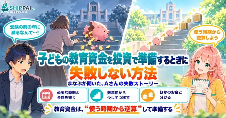 子どもの教育資金を投資で準備するときに失敗しない方法を紹介するSHIPPAI.JPの記事アイキャッチ。まなぶとみらいのイラスト付き
