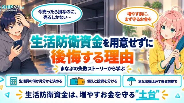 生活防衛資金を用意せずに後悔する理由を紹介するSHIPPAI.JPの記事アイキャッチ。まなぶとみらいのイラスト付き