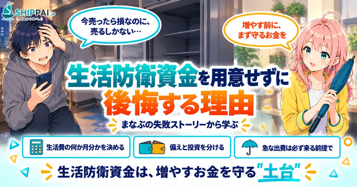 生活防衛資金を用意せずに後悔する理由を紹介するSHIPPAI.JPの記事アイキャッチ。まなぶとみらいのイラスト付き