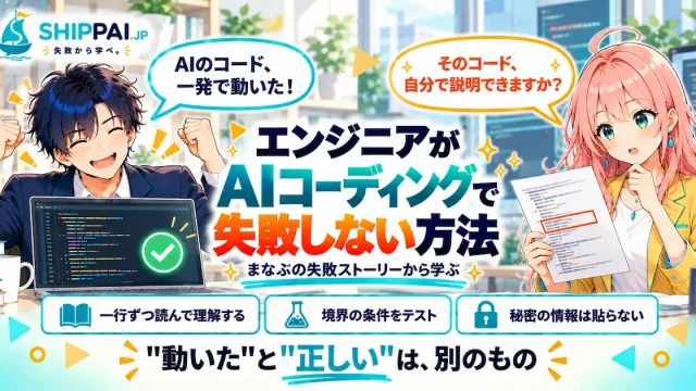 エンジニアがAIコーディングで失敗しない方法を紹介するSHIPPAI.JPの記事アイキャッチ。まなぶとみらいのイラスト付き