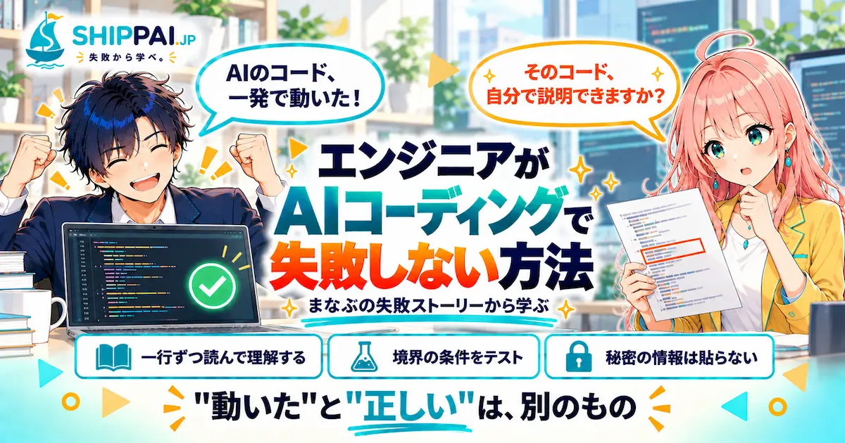 エンジニアがAIコーディングで失敗しない方法を紹介するSHIPPAI.JPの記事アイキャッチ。まなぶとみらいのイラスト付き