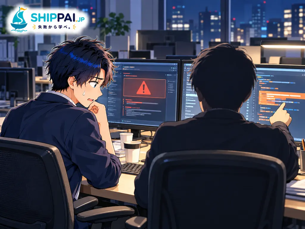 月末の夜の障害対応中、先輩にコードの意図を聞かれて答えられず、気まずそうに視線を落とすエンジニアのまなぶのイラスト
