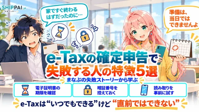 e-Taxの確定申告で失敗する人の特徴5選を紹介するSHIPPAI.JPの記事アイキャッチ。まなぶとみらいのイラスト付き