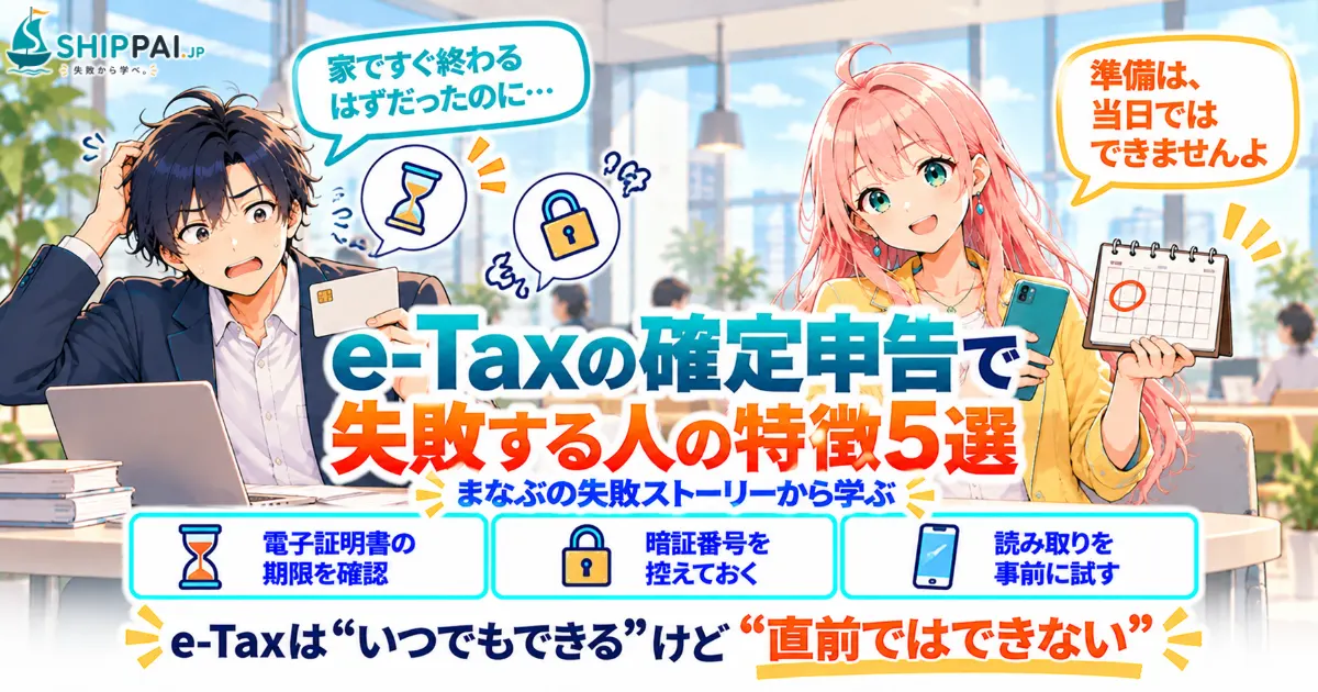 e-Taxの確定申告で失敗する人の特徴5選を紹介するSHIPPAI.JPの記事アイキャッチ。まなぶとみらいのイラスト付き
